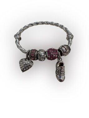 Brighton Charm Bangle Bracelet 6 Charms Pink Crystal Heart Shoe Initial T